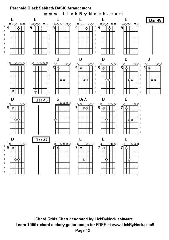 Chord Grids Chart of chord melody fingerstyle guitar song-Paranoid-Black Sabbath-BASIC Arrangement,generated by LickByNeck software.